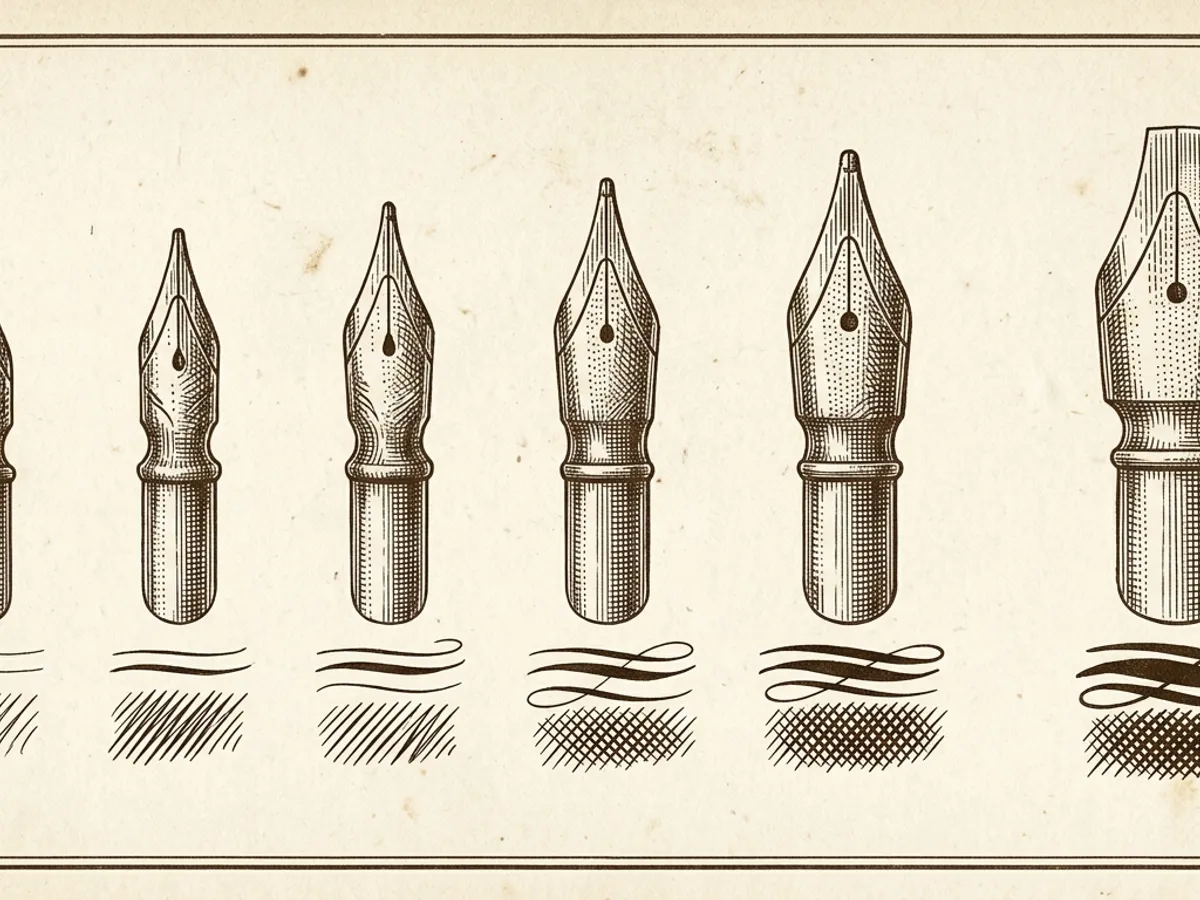 Comparison of fountain pen nib widths from extra-fine to broad, shown as ink strokes on paper