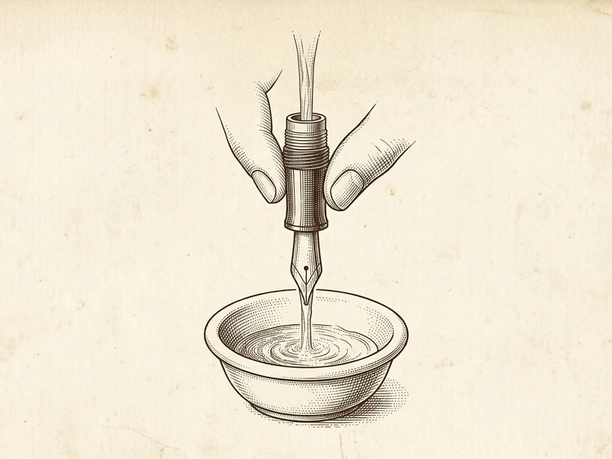 A fountain pen section being flushed under cool running water to clean the feed channels
