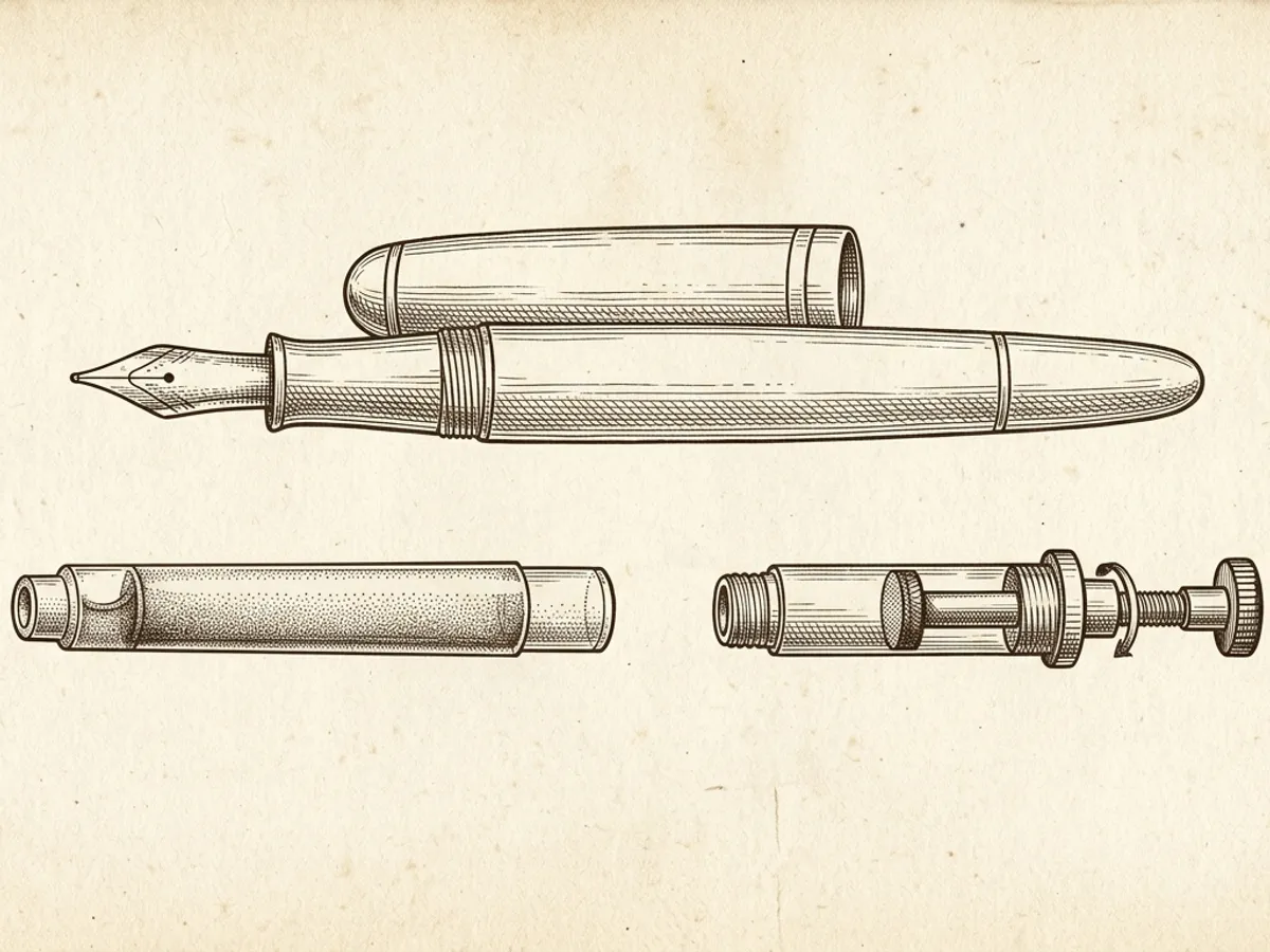 A fountain pen ink cartridge and converter arranged beside an uncapped fountain pen nib