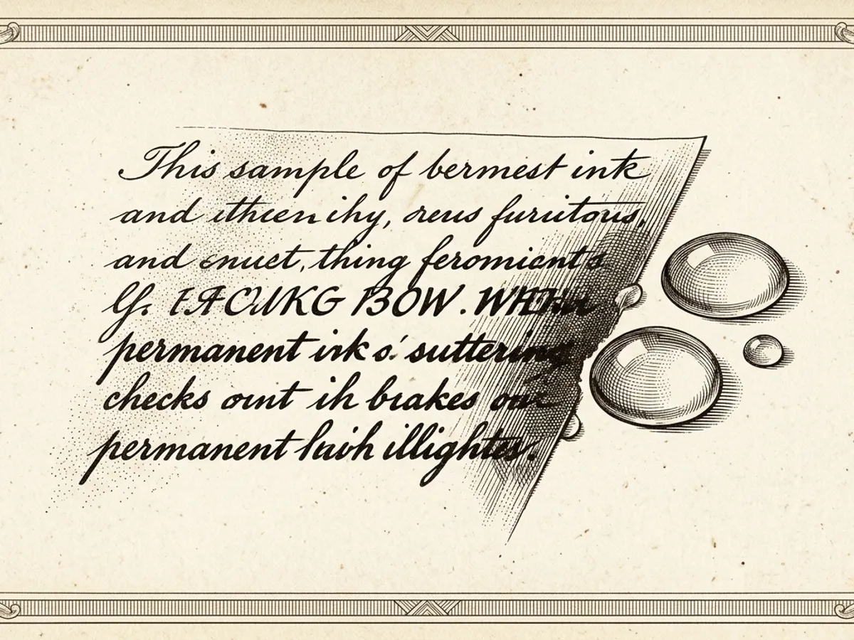 Noodler's Black ink writing sample on cream paper, showing a matte-black permanent line resistant to water.