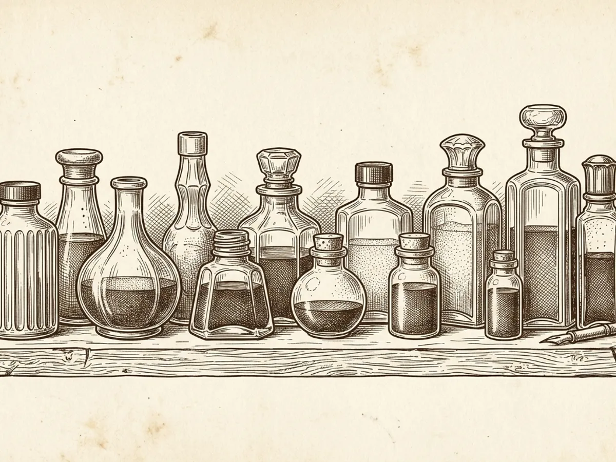 Multiple fountain pen ink bottles from several brands on a shelf, showing variety in color and bottle design.