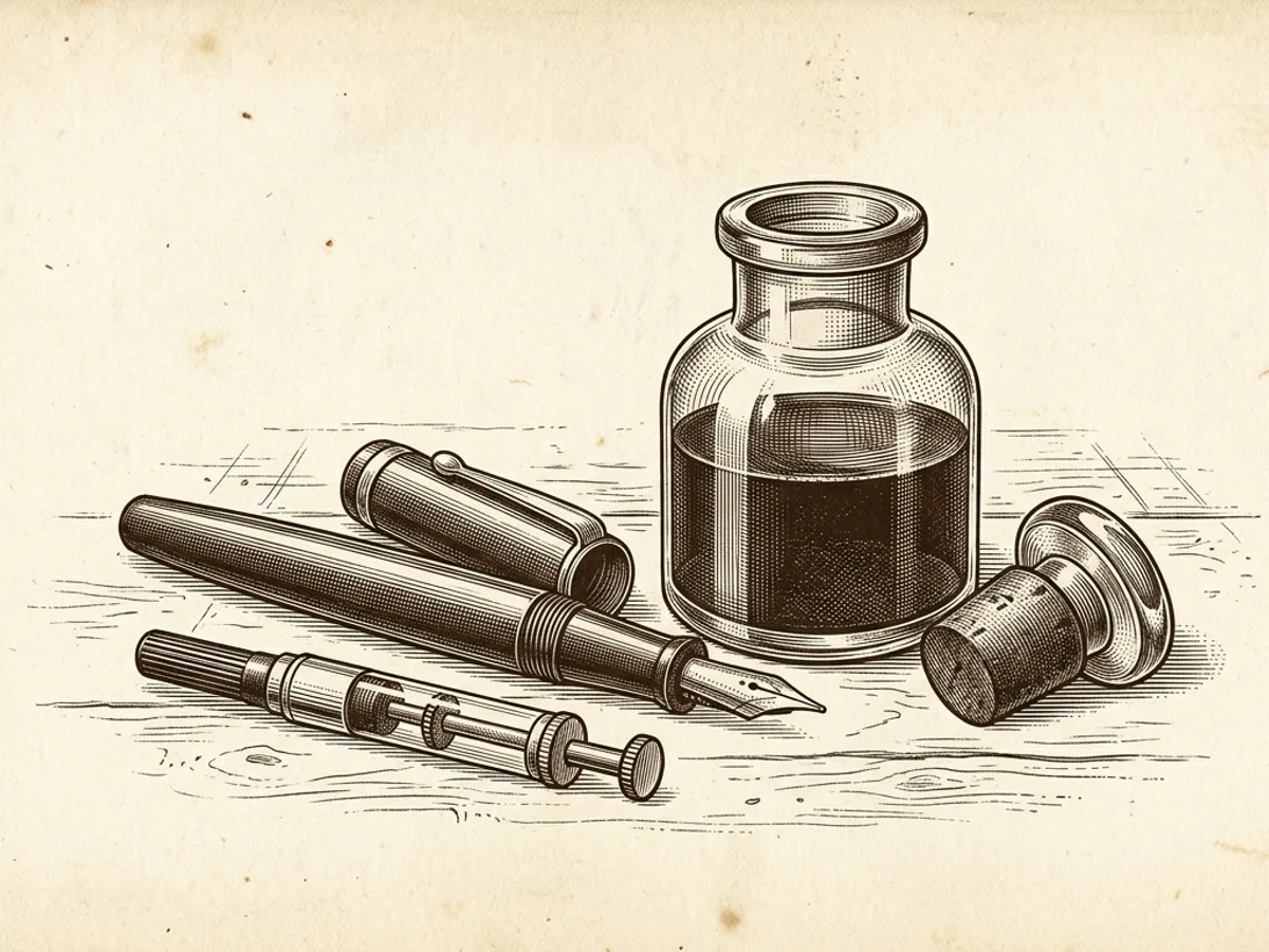 A fountain pen and converter beside an open ink bottle, showing how bottled ink is loaded into a pen.