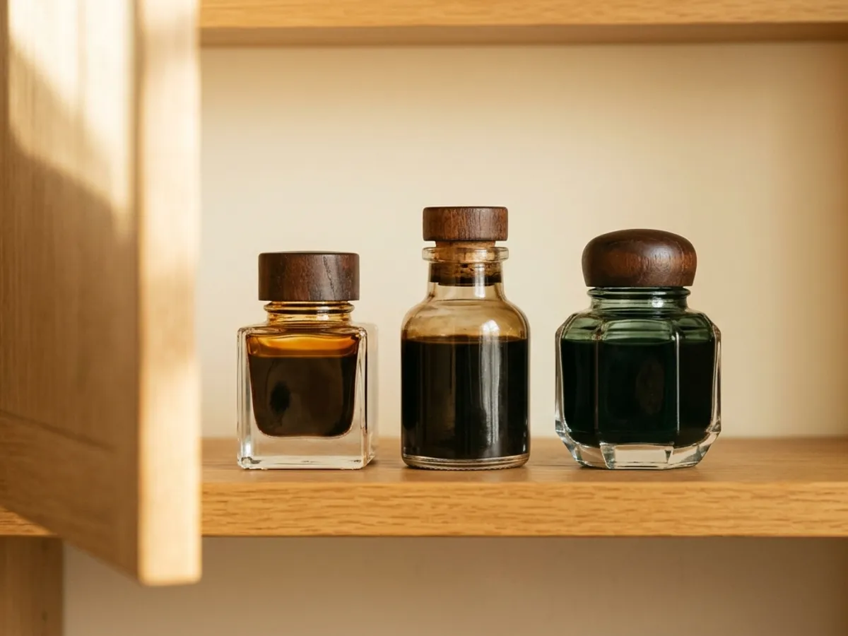 Three glass ink bottles stored upright with caps closed on a shaded cabinet shelf.
