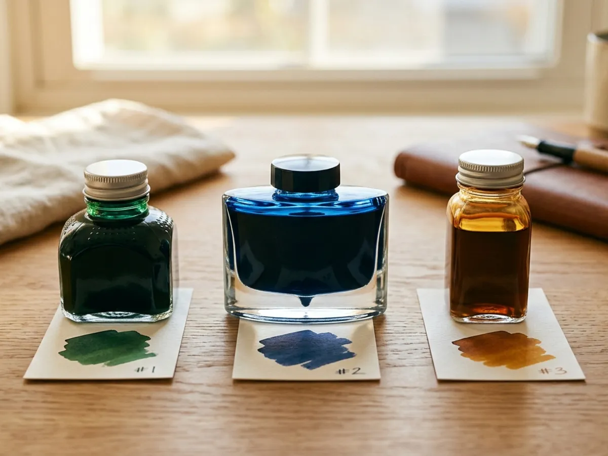 Diamine Blue/Black, Pilot Iroshizuku Kon-Peki, and Noodler's Black ink bottles in a row on swatch cards.