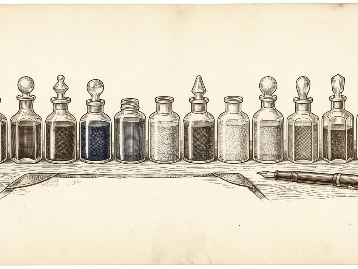 A row of colorful fountain pen ink bottles arranged on a wooden writing desk, showing the variety available to writers