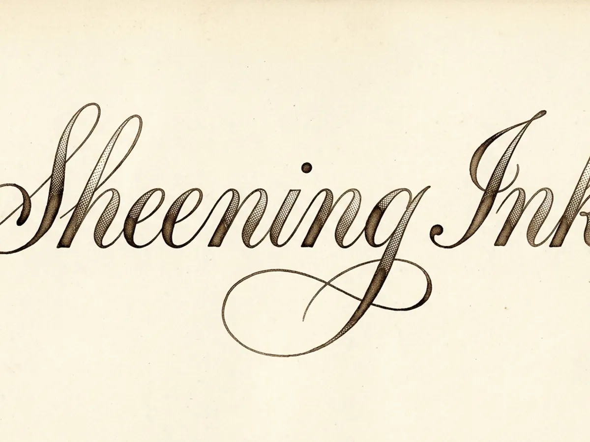 Close-up of handwriting in sheening fountain pen ink showing a contrasting secondary color at the edges of each stroke on smooth paper