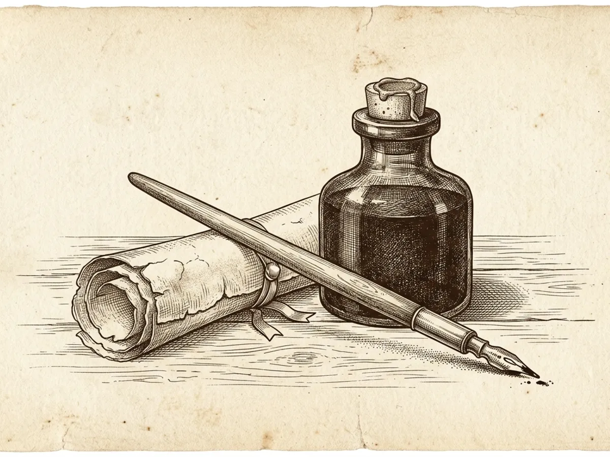 An iron gall ink bottle beside an aged parchment sheet and a dip pen on a wooden surface, evoking the centuries-old history of this writing formula