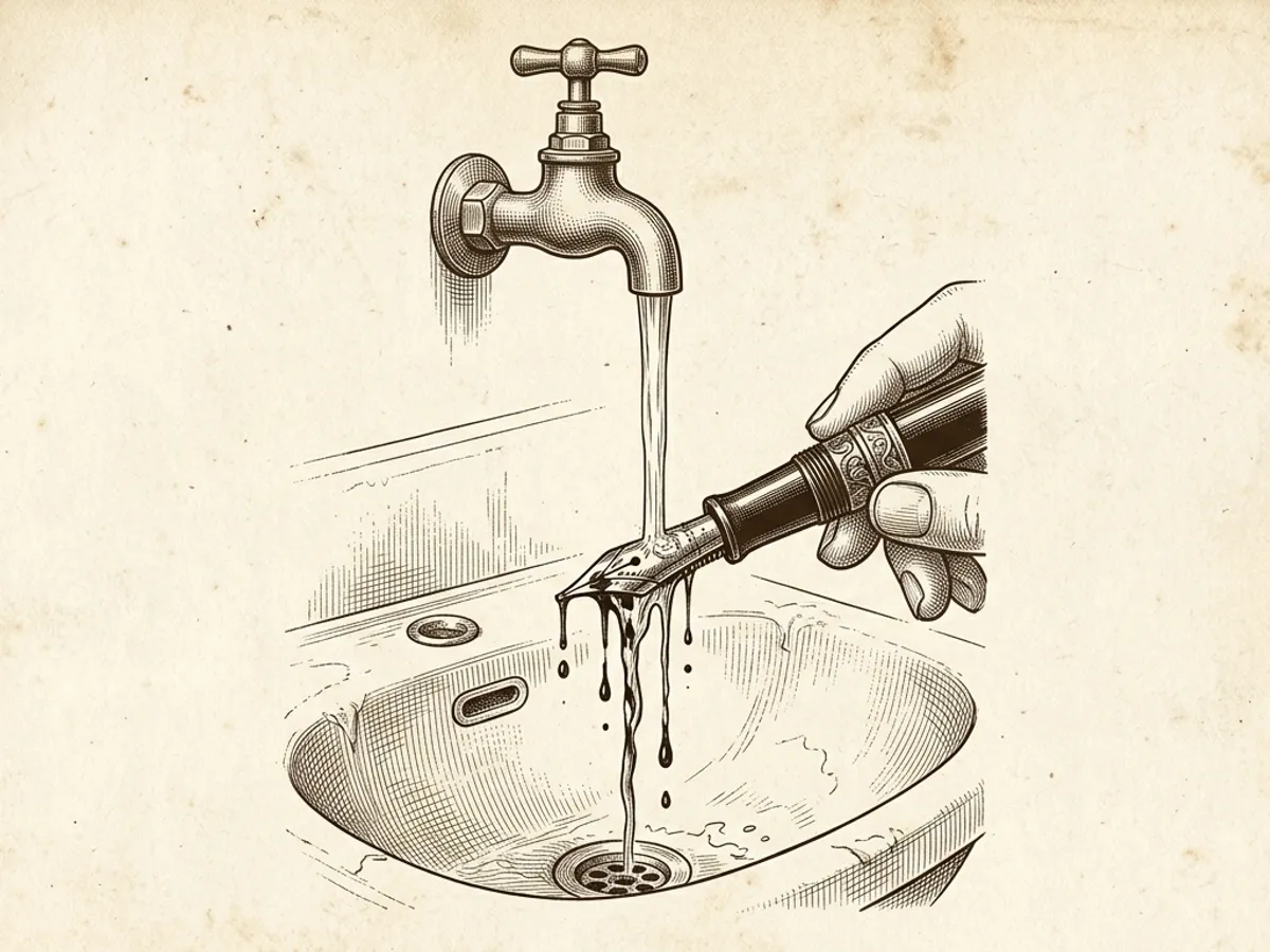 A fountain pen nib being rinsed under a stream of water, demonstrating the regular flushing process recommended for specialty fountain pen inks