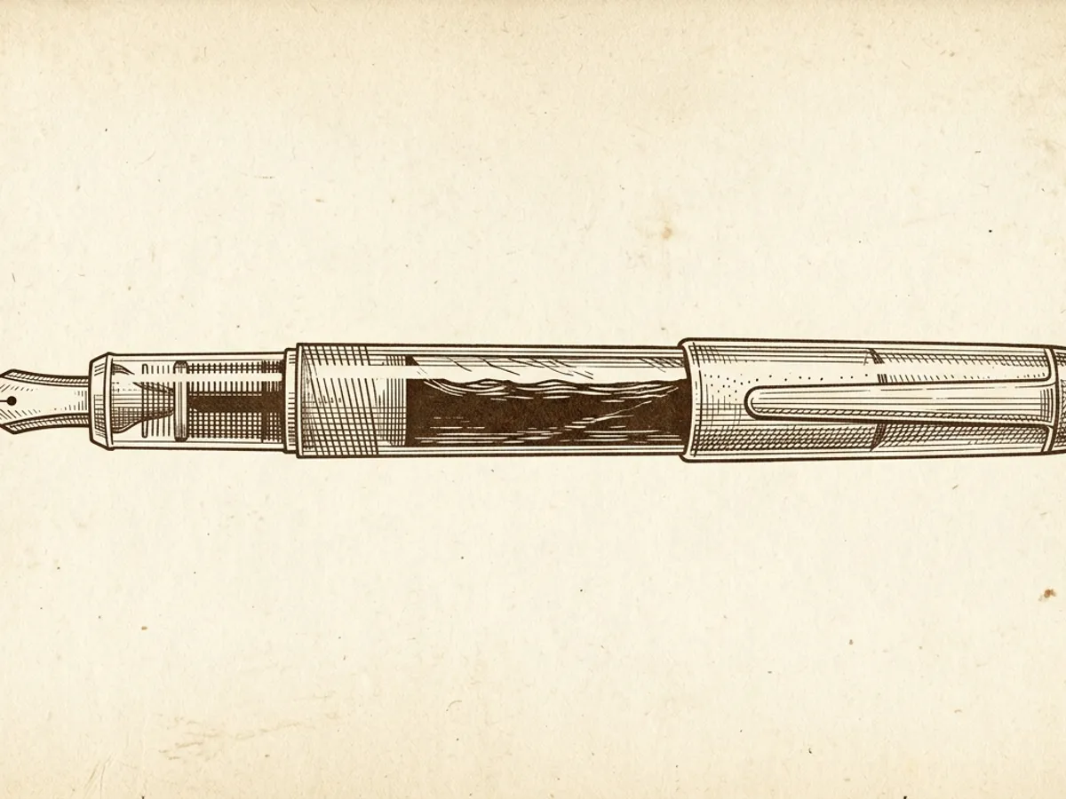 A Pilot Varsity disposable fountain pen with translucent barrel showing remaining ink and a semi-hooded steel nib