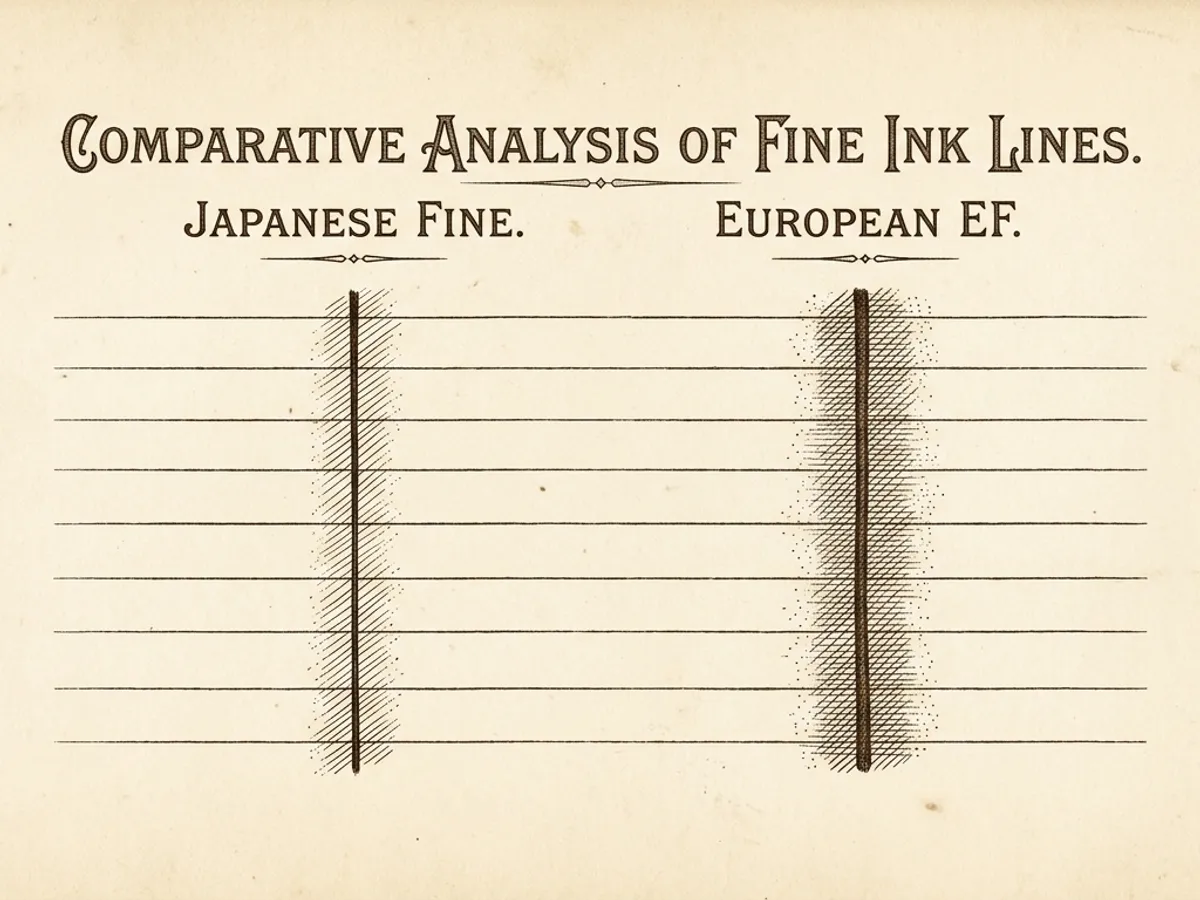 Two ink lines on cream ruled paper labeled Japanese Fine and European EF, the Japanese line visibly narrower than the European