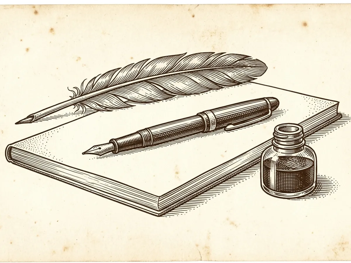 A capped fountain pen resting on a smooth Rhodia notepad beside a small ink bottle on a writing desk surface