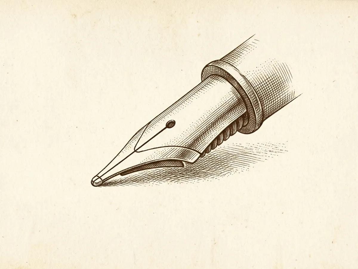 Close-up of a fountain pen extra fine nib resting on cream paper, showing the tipping point and central slit in detail