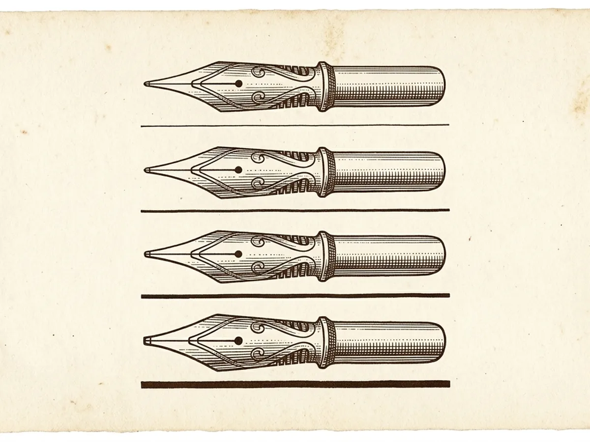 Scientific illustration comparing four fountain pen nib tip widths from extra fine to broad with corresponding ink lines on paper