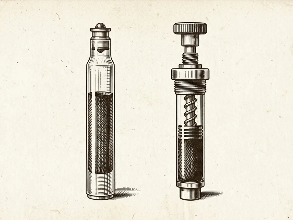 Botanical plate of a fountain pen ink cartridge and a piston converter arranged side by side on aged parchment