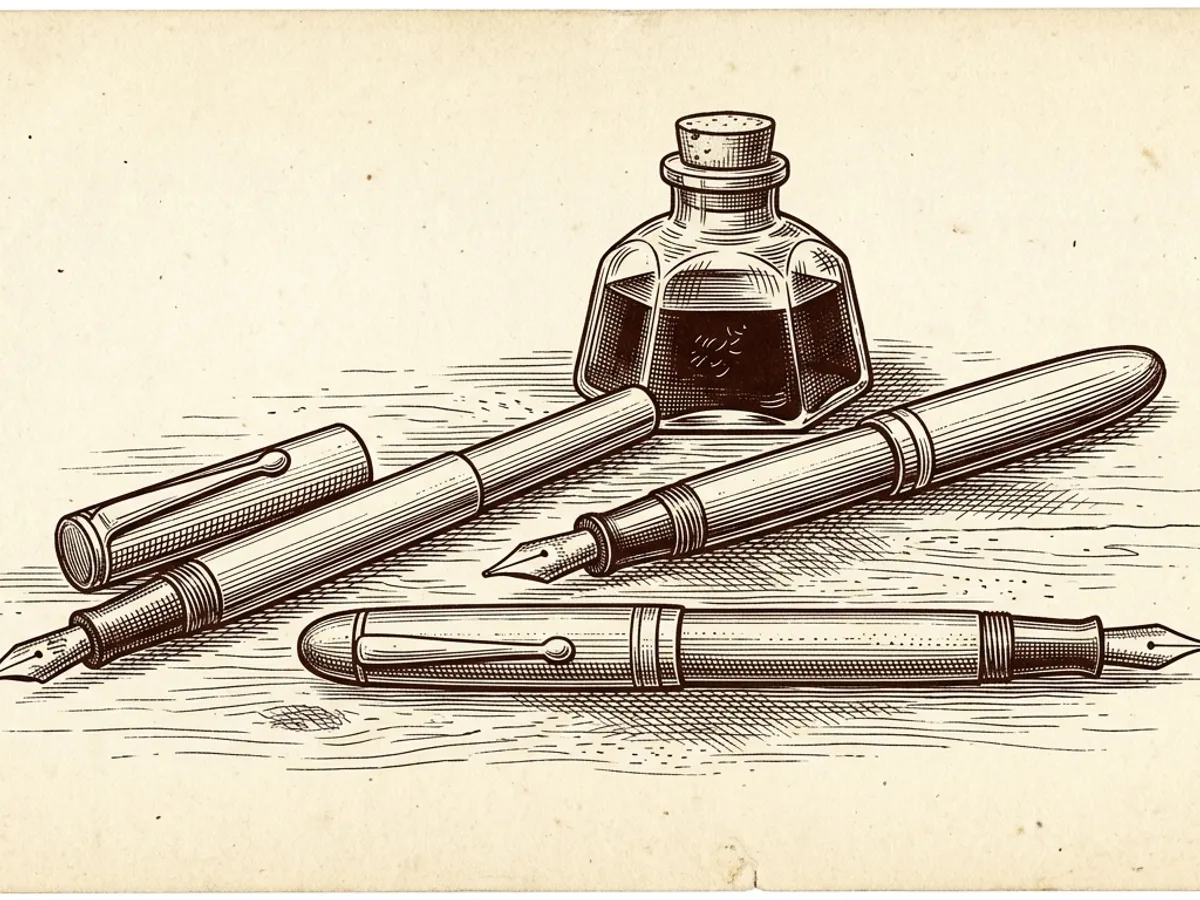 Scientific engraving of three entry-level fountain pens arranged on an aged writing desk beside a small ink bottle