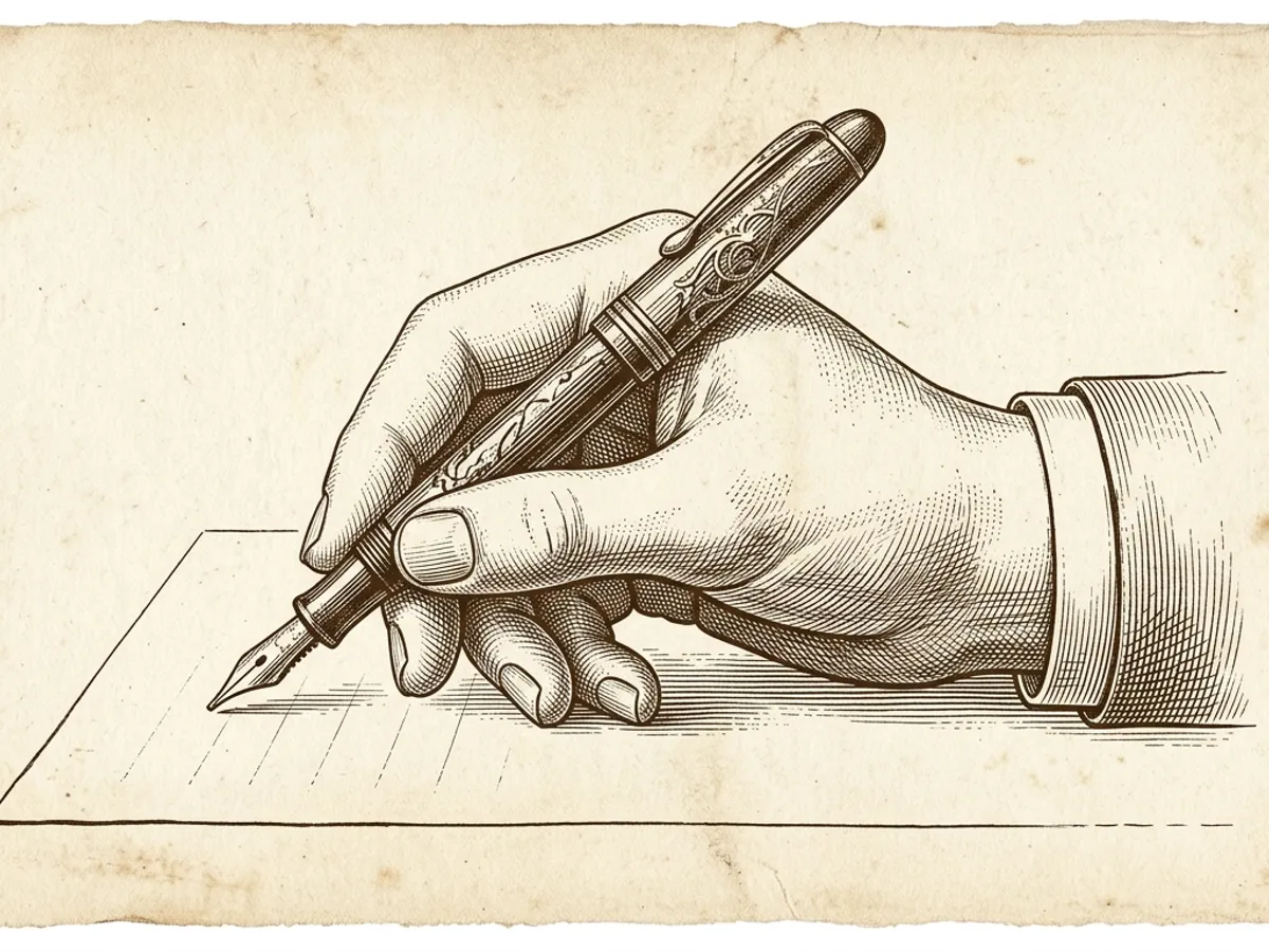 Vintage plate depicting correct fountain pen grip with the pen held at approximately 45 degrees above a writing surface