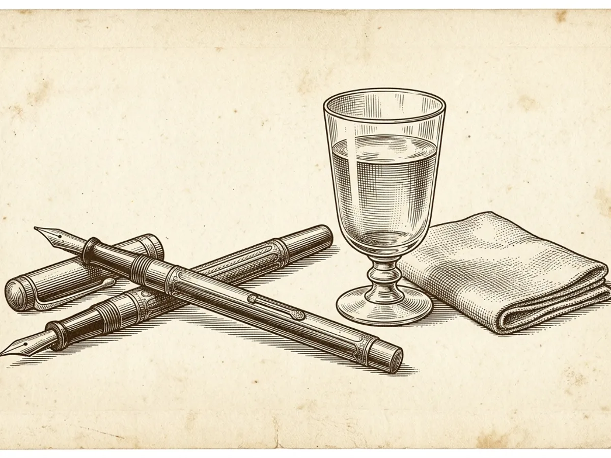 Scientific illustration of fountain pen maintenance with a water glass, ink dropper, and clean linen cloth on a wooden surface