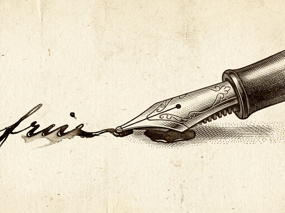 A fountain pen nib moving left across paper with fresh ink still glistening on the page surface