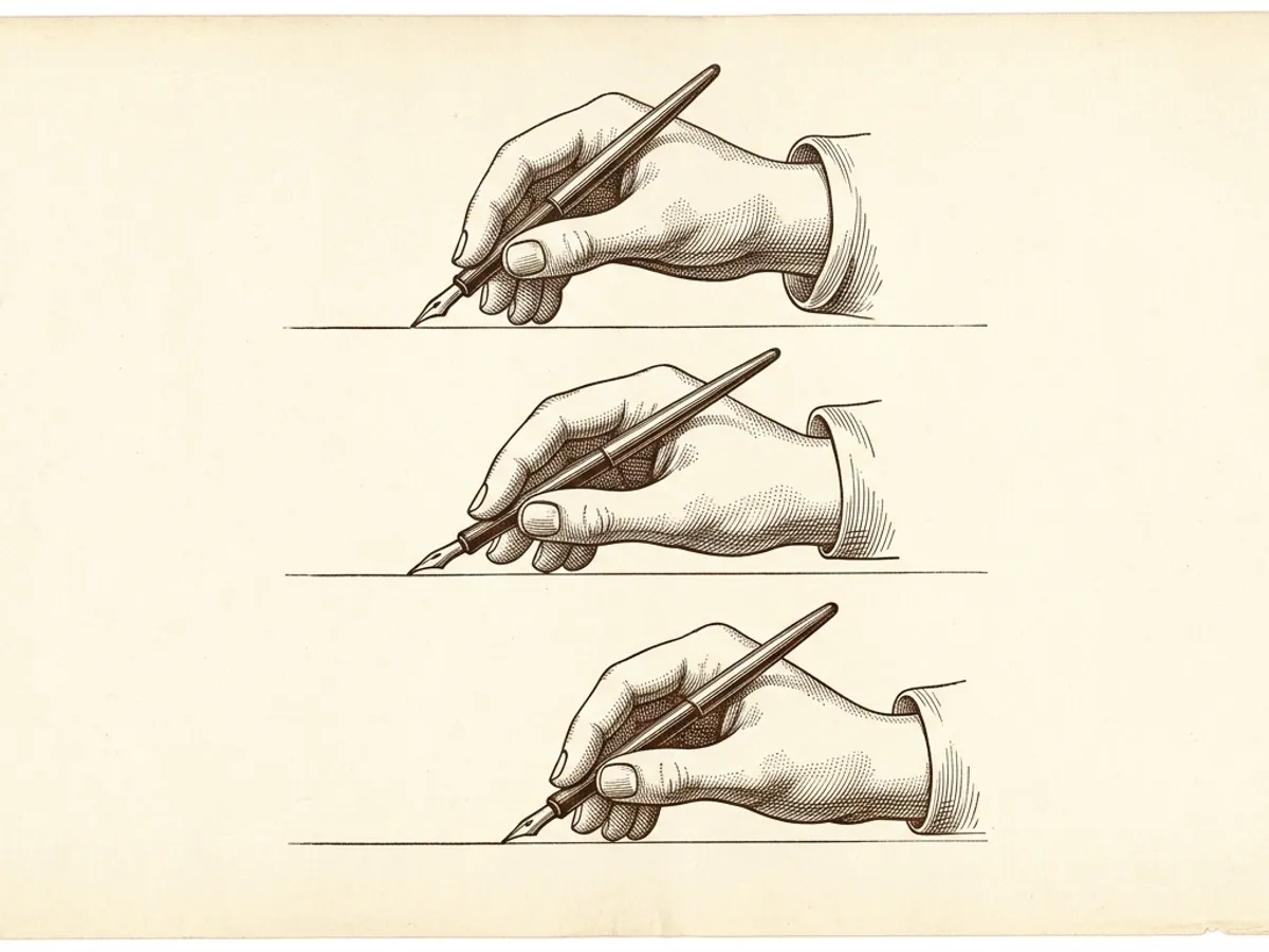 Three left-handed grip styles shown from above: overwriter wrist curled above the line, underwriter below, sidewriter angled