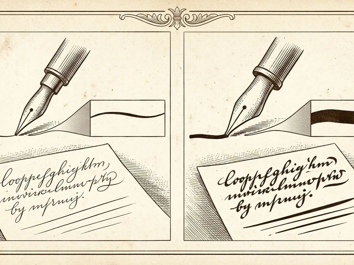 A fine nib and a broad nib side by side on paper, showing the narrow lean line from the fine nib versus the wide wet line from the broad