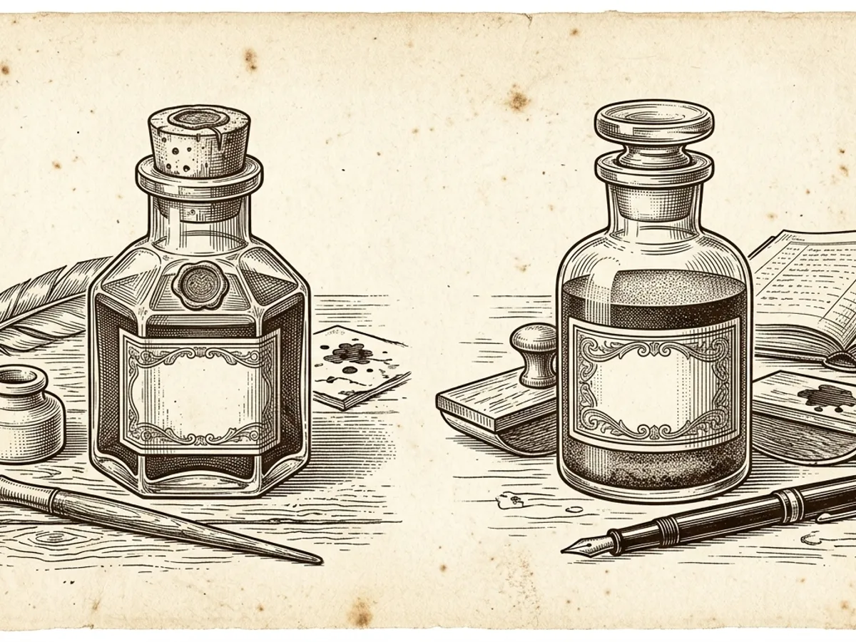 Several ink bottles arranged on a wooden desk, representing the range of fountain pen ink formulas from standard to fast-drying