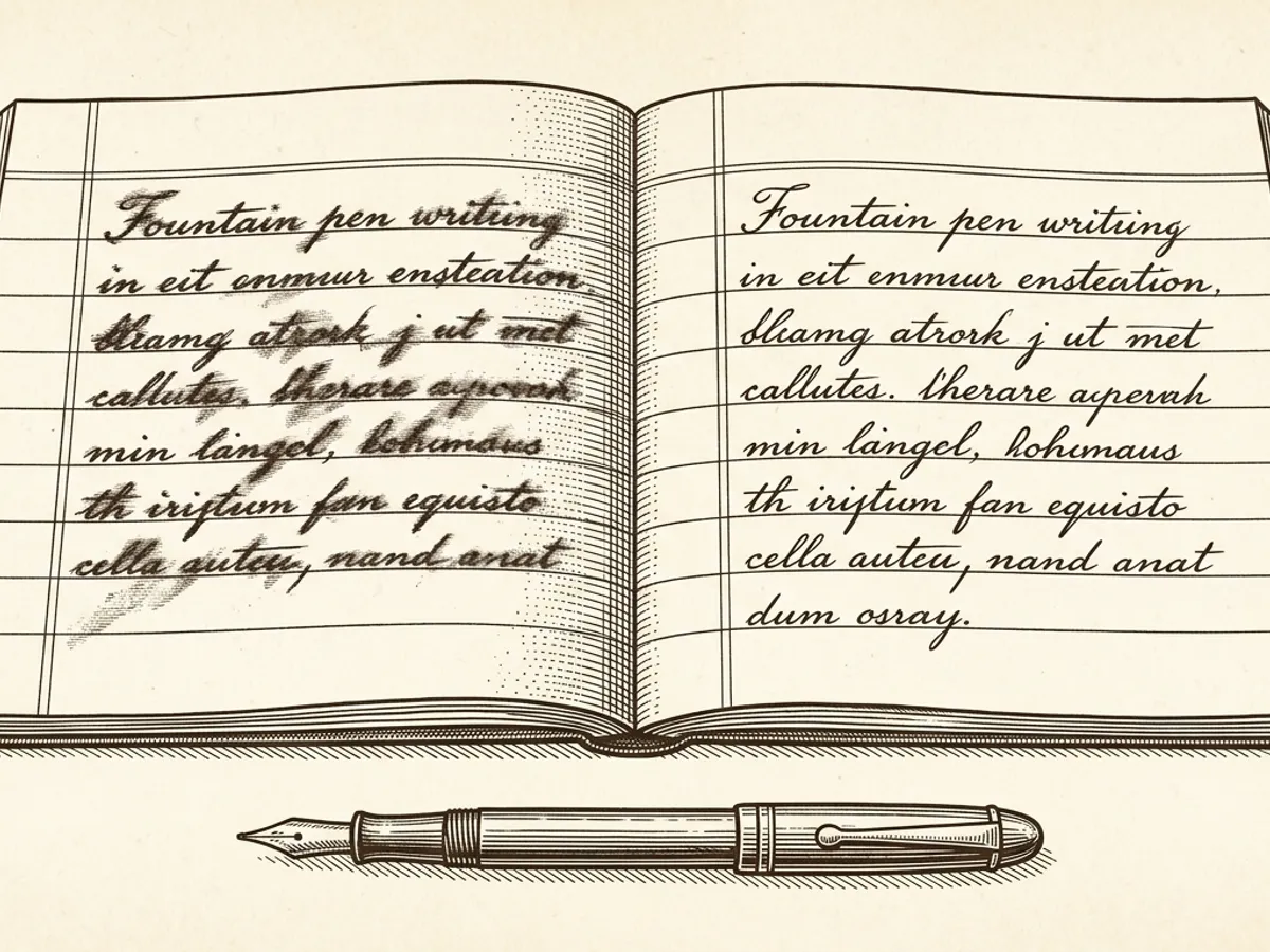 Two open notebook spreads showing fountain pen writing, one with crisp dry lines and one with a palm smear across wet ink