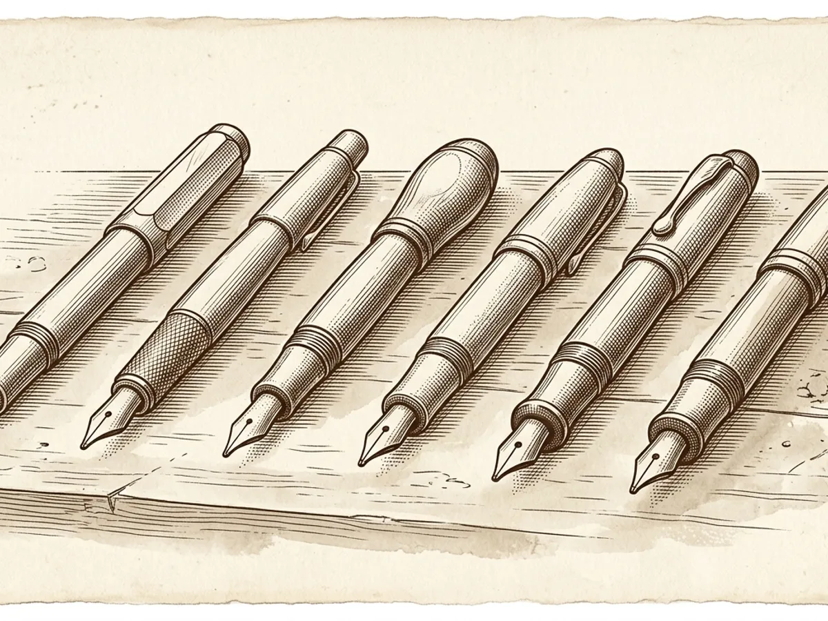 Four fountain pens laid out on a desk, representing popular entry-level choices for left-handed writers at different price points