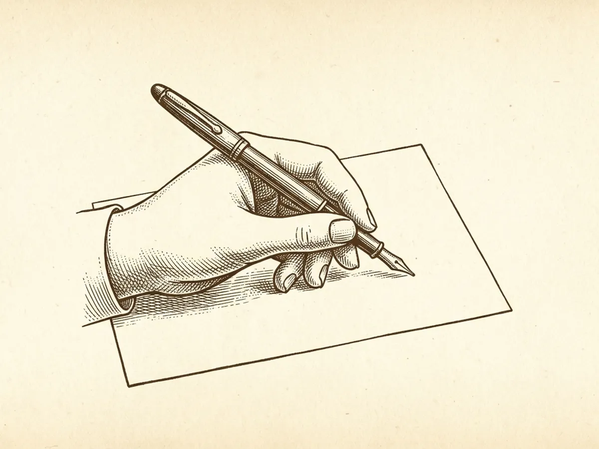 A left hand gripping a fountain pen above a page rotated clockwise, demonstrating the tilt technique used to avoid smearing