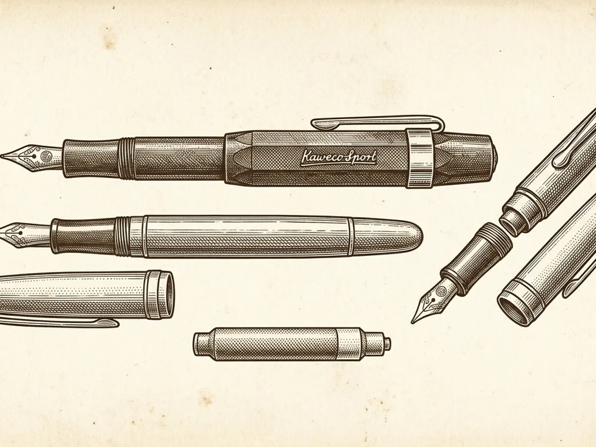 Several fountain pens including a Kaweco Sport arranged alongside a standard international ink cartridge