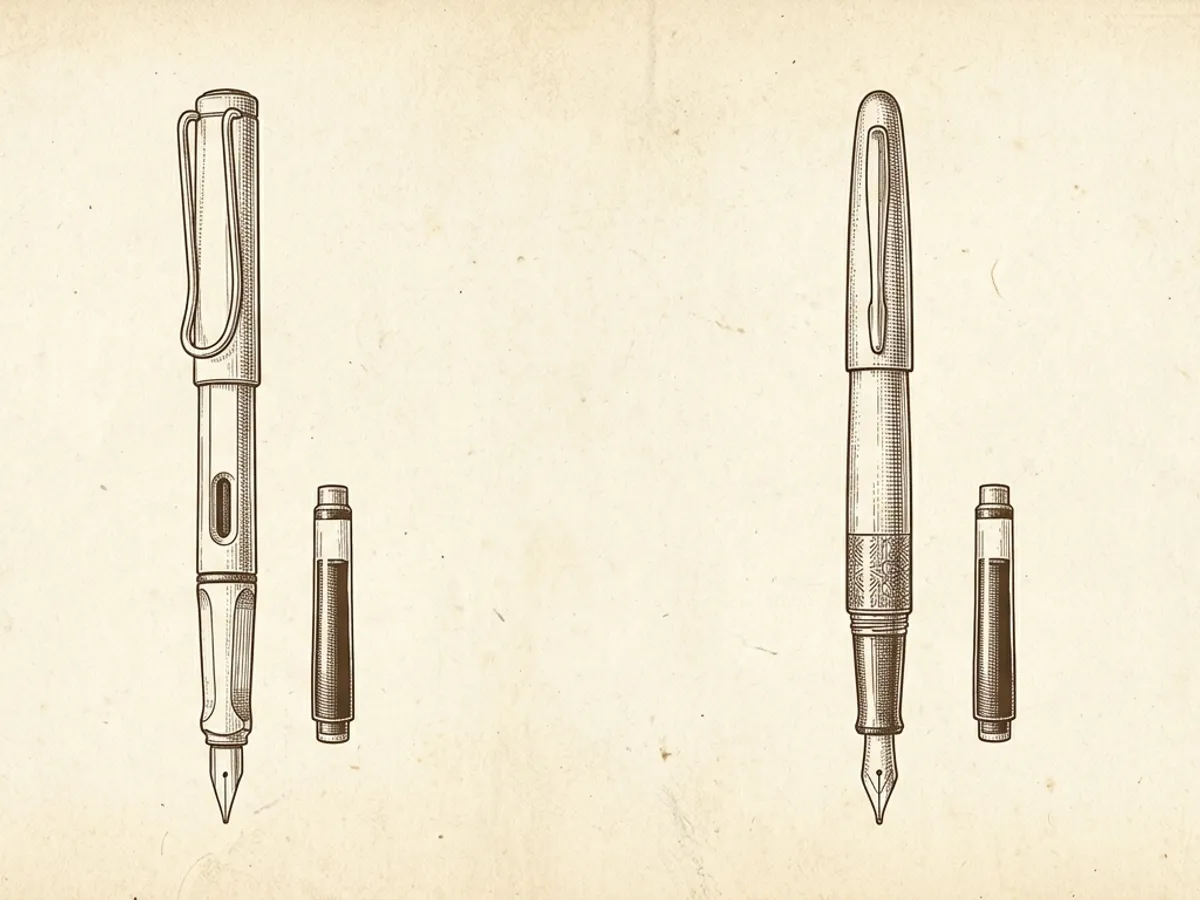 Pilot Metropolitan and Lamy Safari fountain pens shown with their respective proprietary ink cartridges
