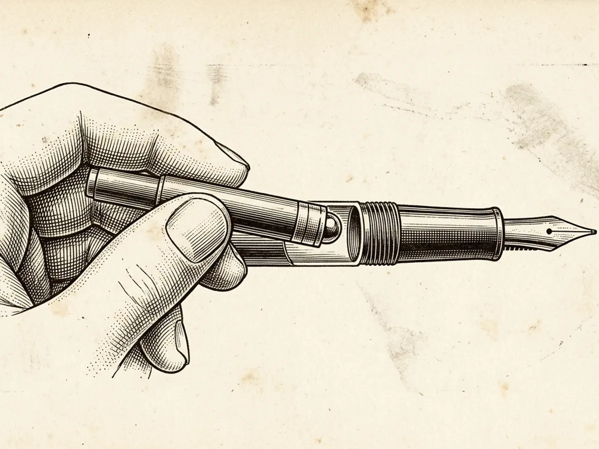 Hand pressing an ink cartridge into the open grip section of a disassembled fountain pen