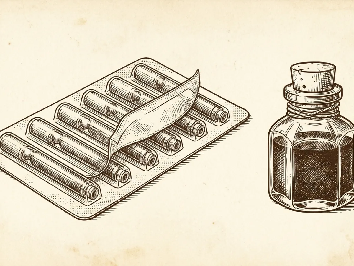 Blister pack of fountain pen ink cartridges beside a small bottle of ink illustrating both format options