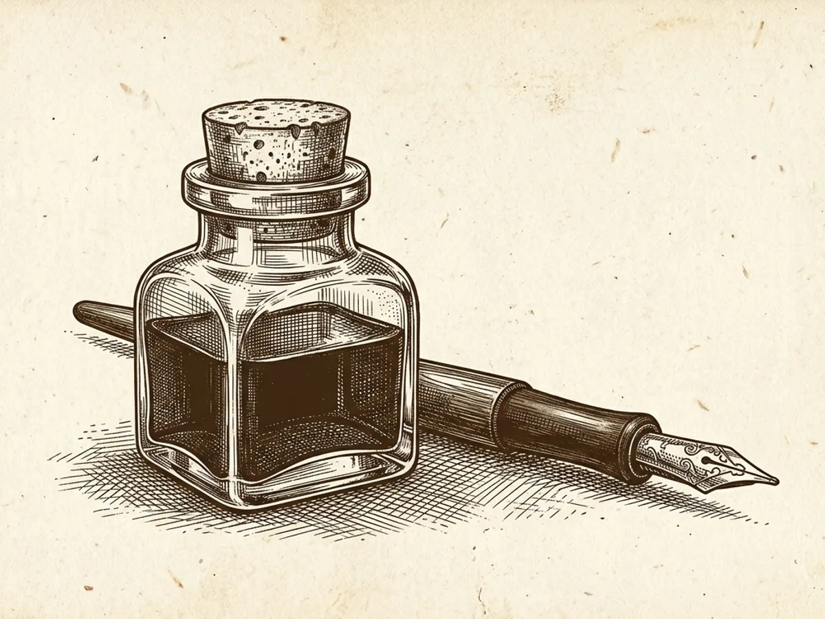A glass ink bottle with cork stopper beside an uncapped fountain pen resting on a writing desk