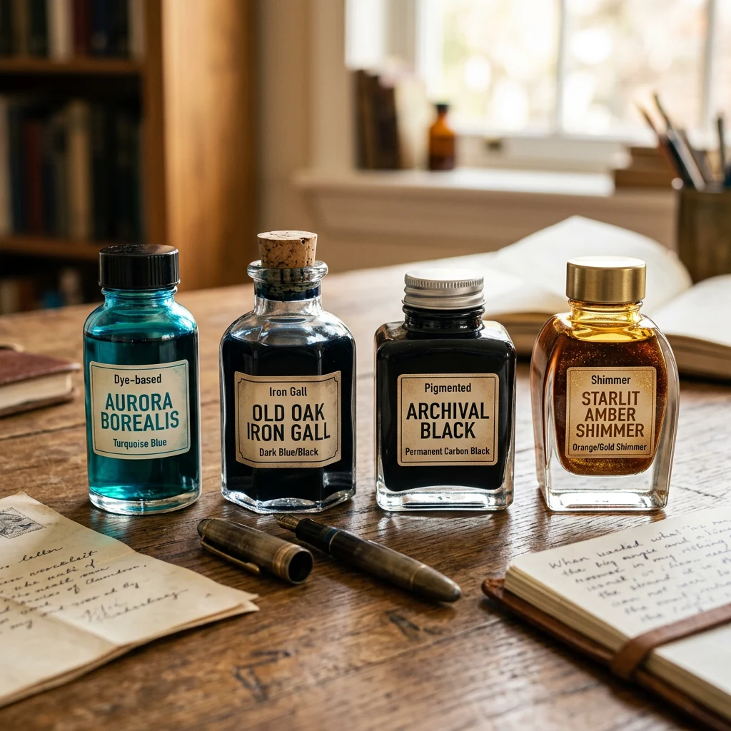 Four ink bottles representing dye-based, iron gall, pigmented, and shimmer fountain pen ink categories