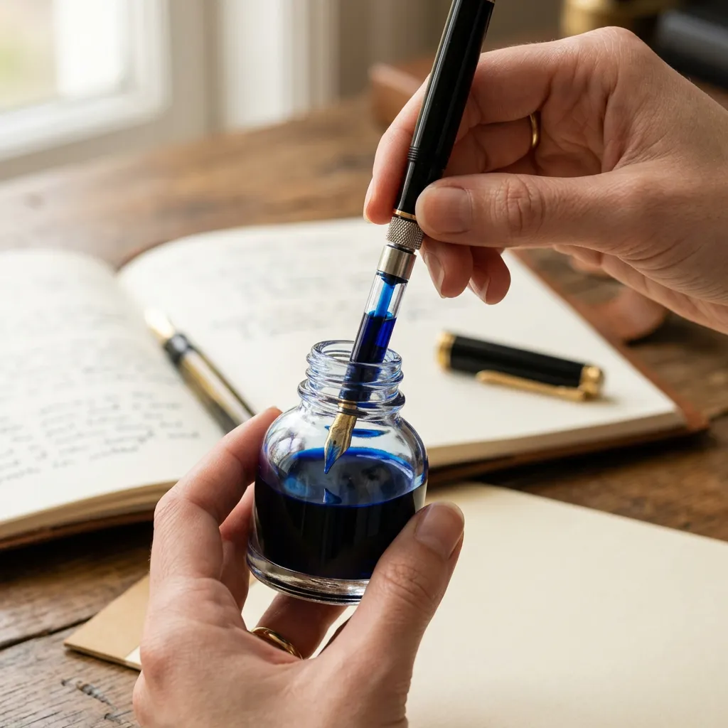 A fountain pen converter being filled by drawing ink up from a glass ink bottle held in the hand