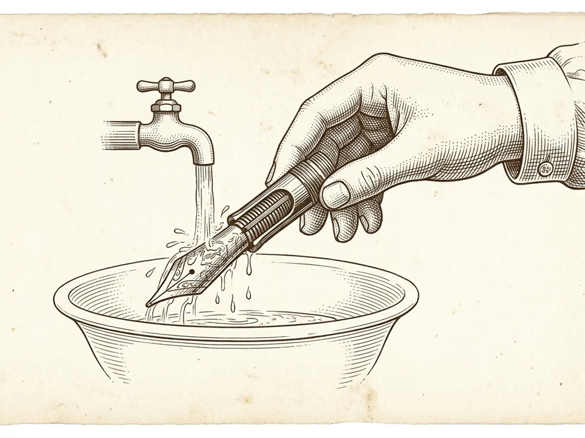 Scientific plate illustration of a fountain pen nib section being rinsed with clear water over a white basin