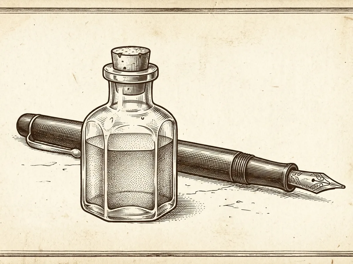 Vintage botanical plate showing a small glass bottle of pen flush solution beside a fountain pen on aged cream paper