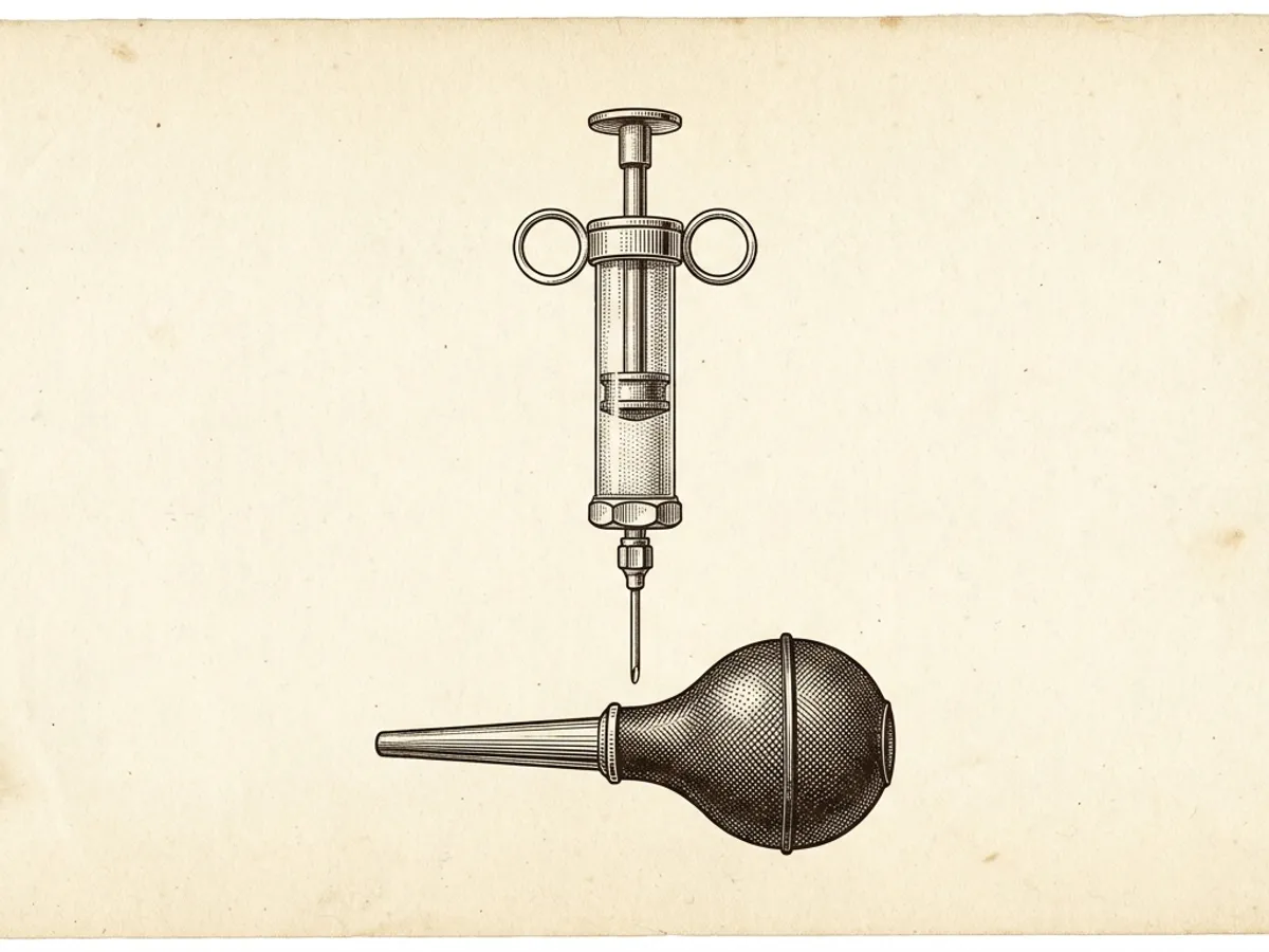 Scientific illustration of a blunt-tip syringe and rubber bulb syringe arranged as labeled specimens on cream paper