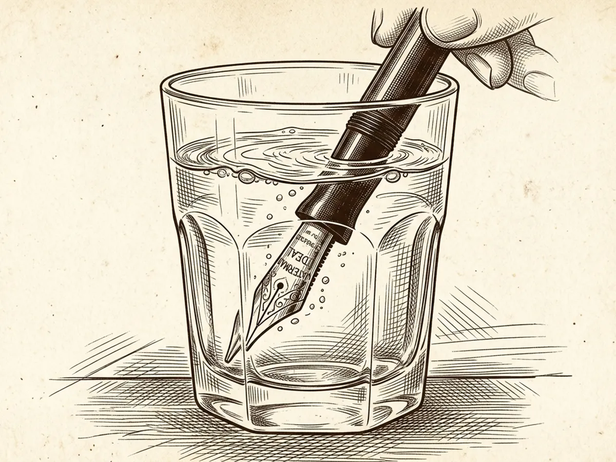 Scientific plate illustration of a fountain pen nib and section submerged in a small glass of clear water
