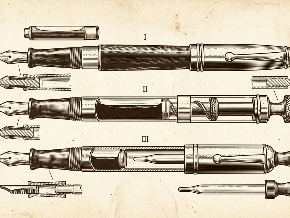 Vintage scientific plate showing three fountain pens with cartridge, converter, and piston filling systems labeled