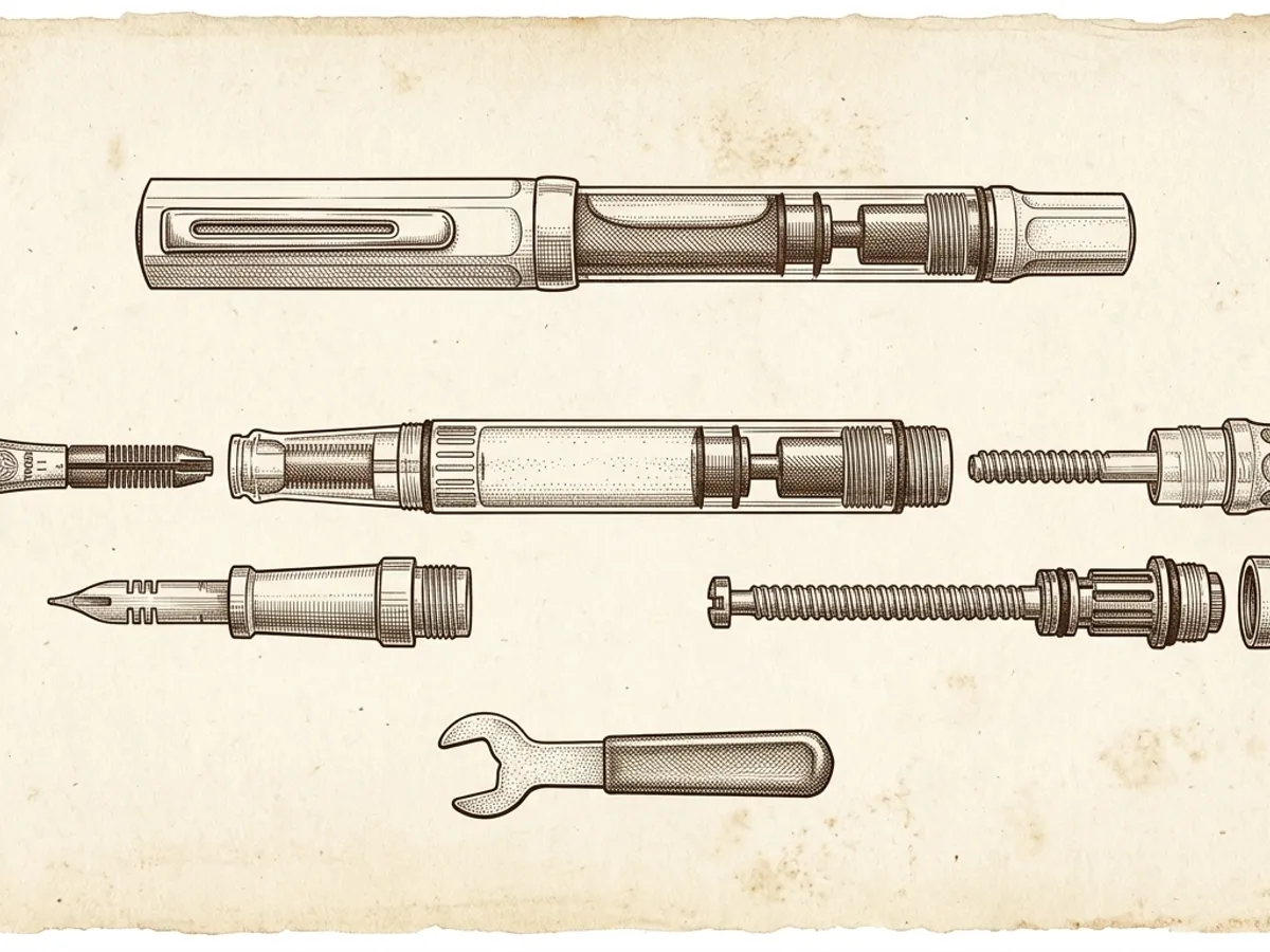 Scientific plate of a transparent fountain pen shown with a small wrench and separate piston and nib components