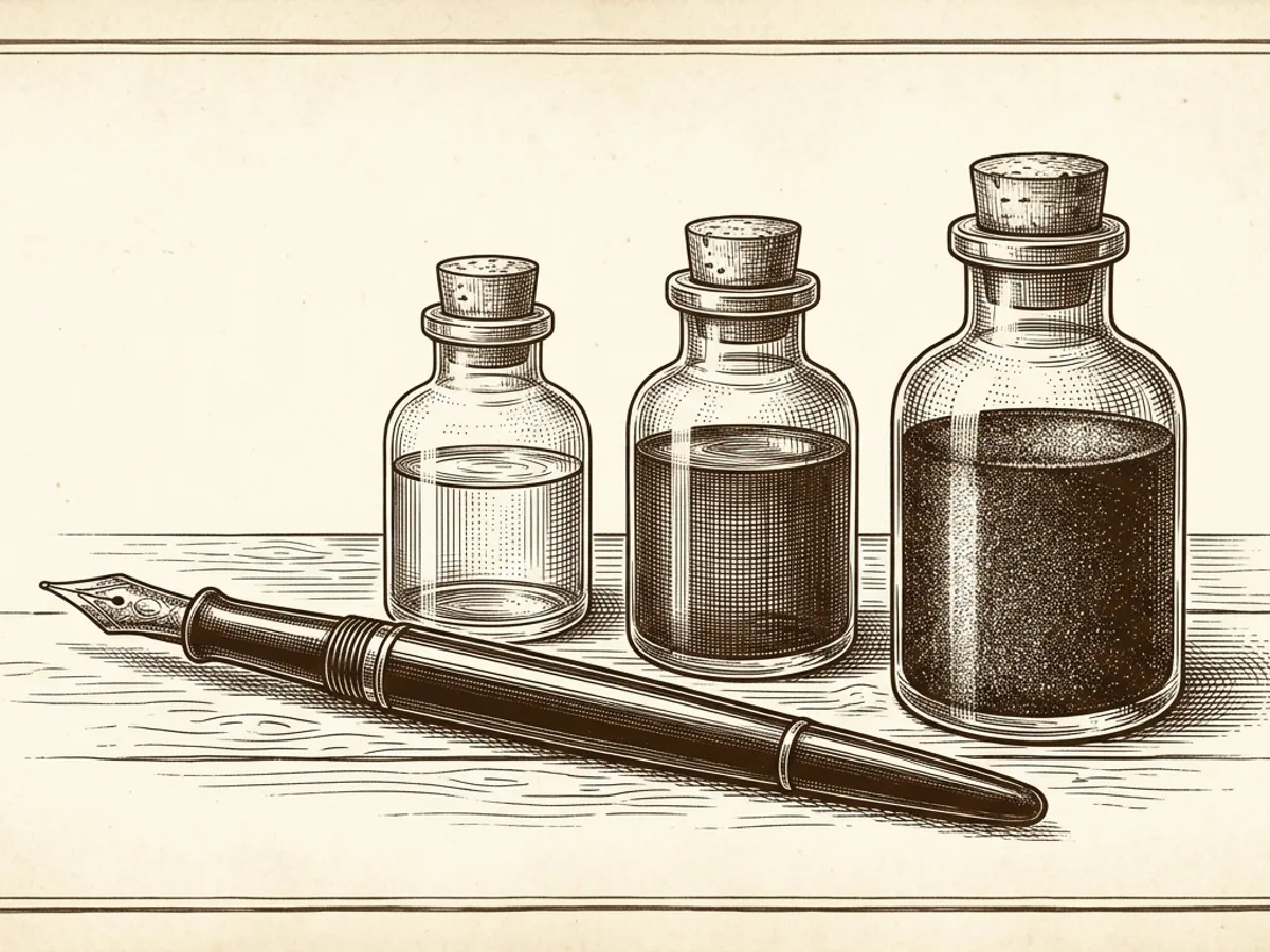 Vintage scientific illustration of a fountain pen arranged alongside ink bottles representing different cleaning schedules