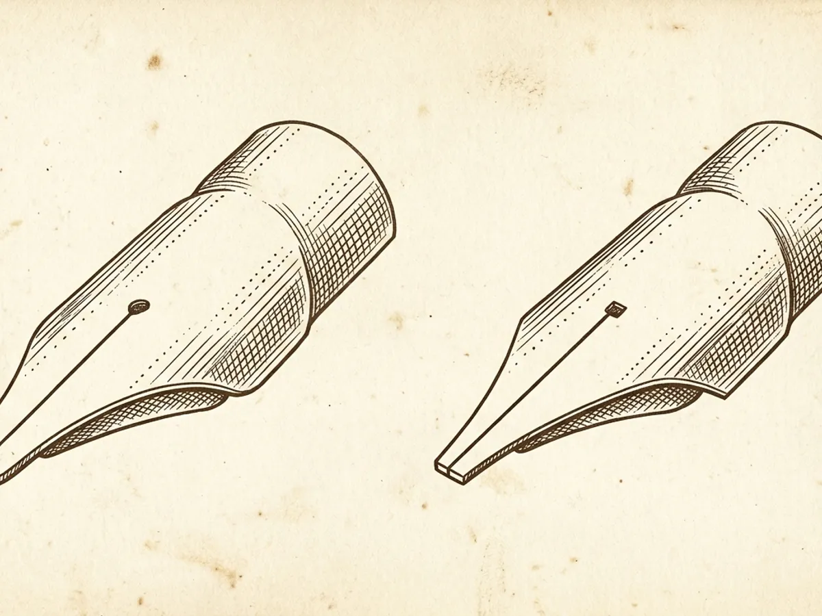 Side-by-side comparison of a stub nib with rounded corners and an italic nib with sharp squared corners