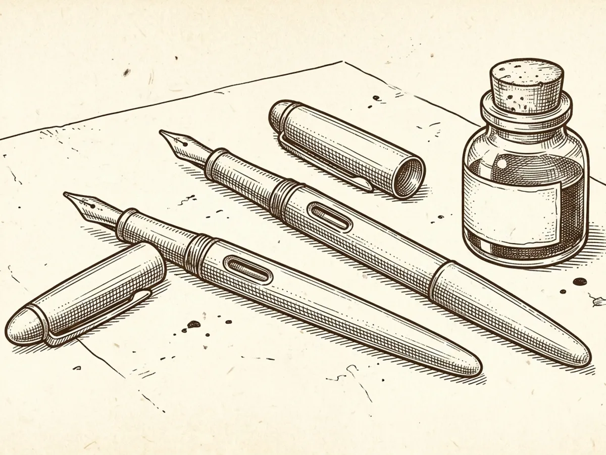Two fountain pens with stub nibs arranged on a wooden writing surface alongside a small ink bottle