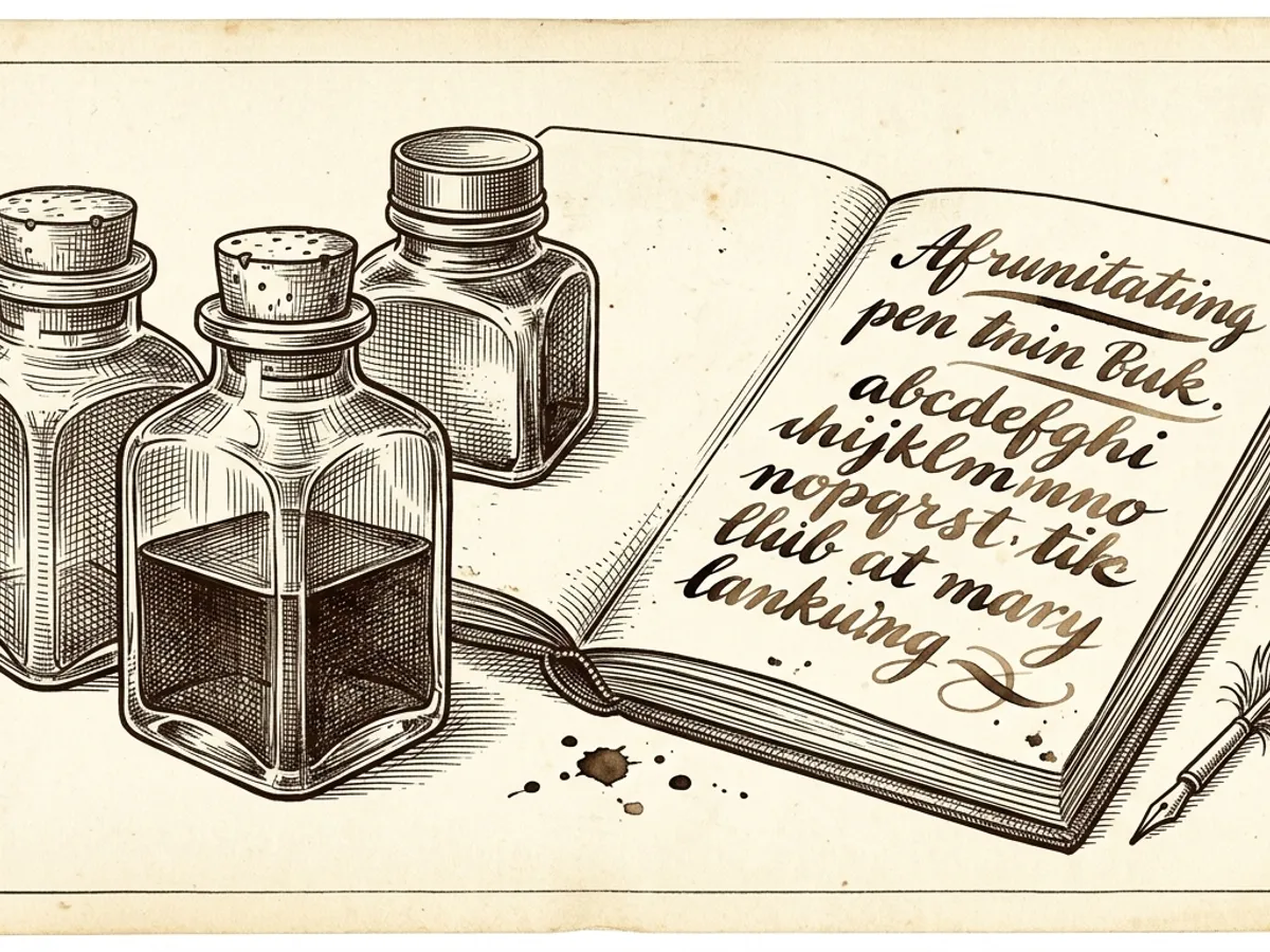 Ink bottles and a handwriting sample on cream paper showing visible ink shading in broad stub nib strokes