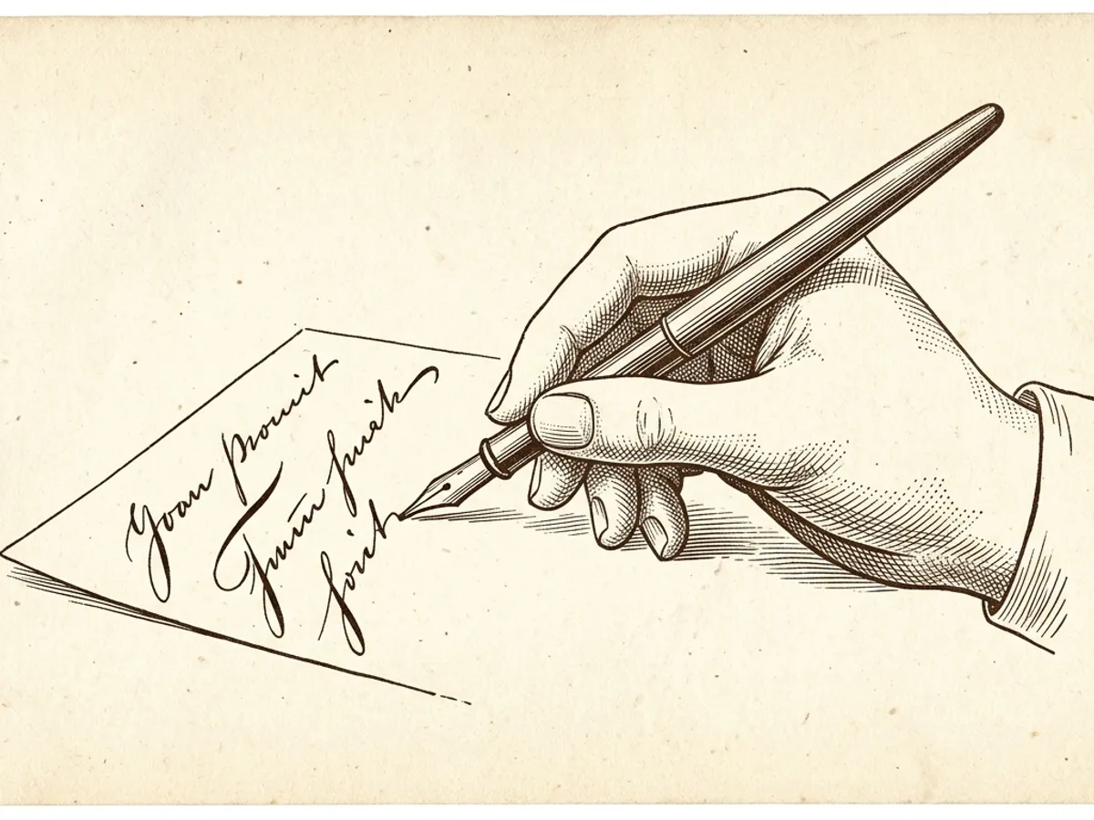 Hand holding a fountain pen writing expressive cursive script, showing the thick-thin variation of a stub nib