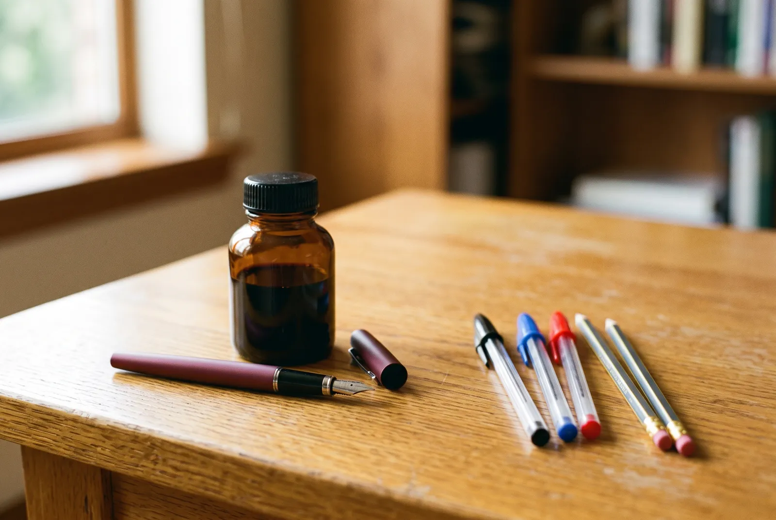 An amber bottle of fountain-pen ink and a burgundy fountain pen beside a cluster of disposable ballpoint pens on a wooden desk