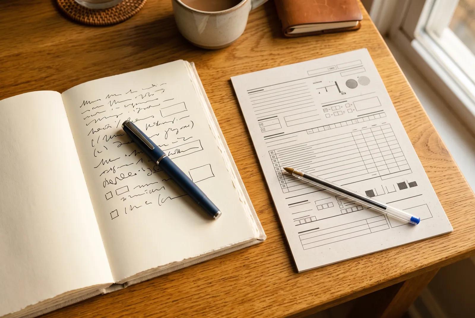 An open journal with a navy fountain pen beside a printed form with a ballpoint pen, on a wooden desk