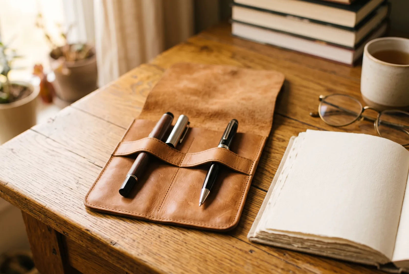 A fountain pen and ballpoint pens resting in an open tan leather pen case beside a notebook and reading glasses
