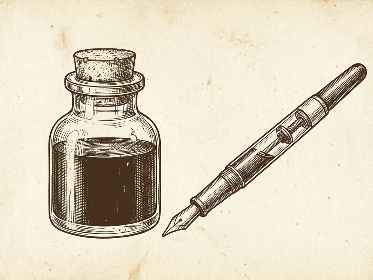 A glass fountain pen ink bottle beside an uncapped fountain pen with its converter visible, ready to fill